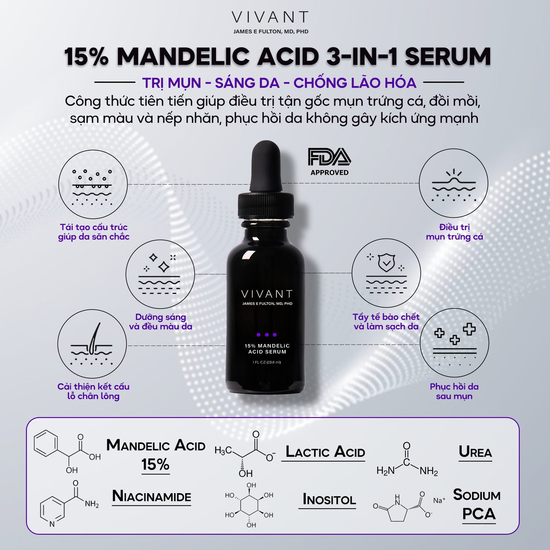 Vivant Skincare 15% Mandelic Acid 3-In1 Serum (Level II) 30ml - Serum giảm mụn trứng cá, lão hóa và sắc tố không đều