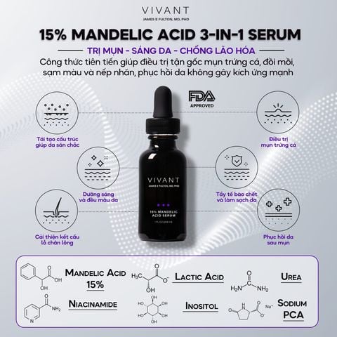 Vivant Skincare 15% Mandelic Acid 3-In1 Serum (Level II) 30ml - Serum giảm mụn trứng cá, lão hóa và sắc tố không đều