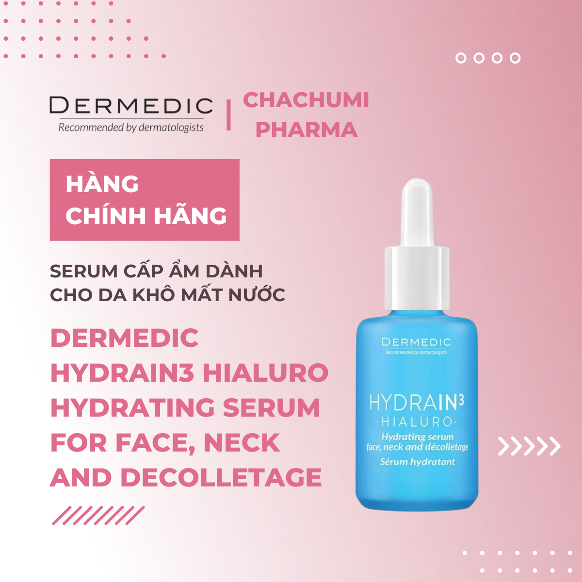 Dermedic Hydrain3 Hialuro Hydrating Serum For Face Neck And Decolltage - Serum Cấp Ẩm Chuyên Sâu Dành Cho Làn Da  Mất Nước 30ml