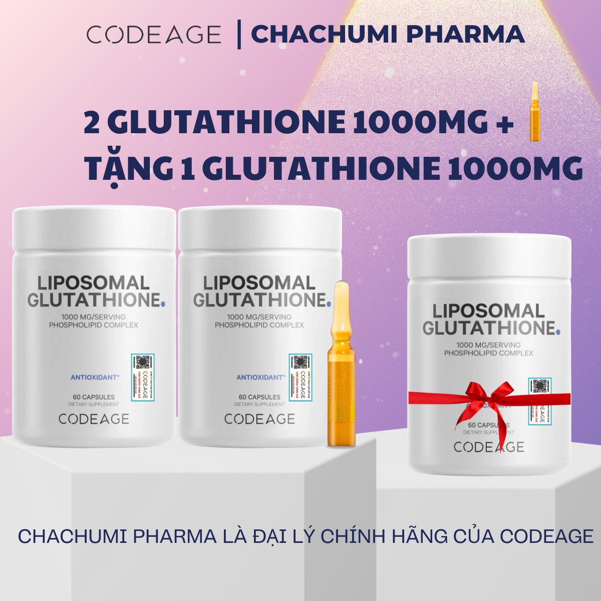 [2 GLU1000, mtd TẶNG 1 GLU1000] Viên Uống Glutathione 1000mg Codeage Trắng Da, Giảm Nám Tàn Nhang