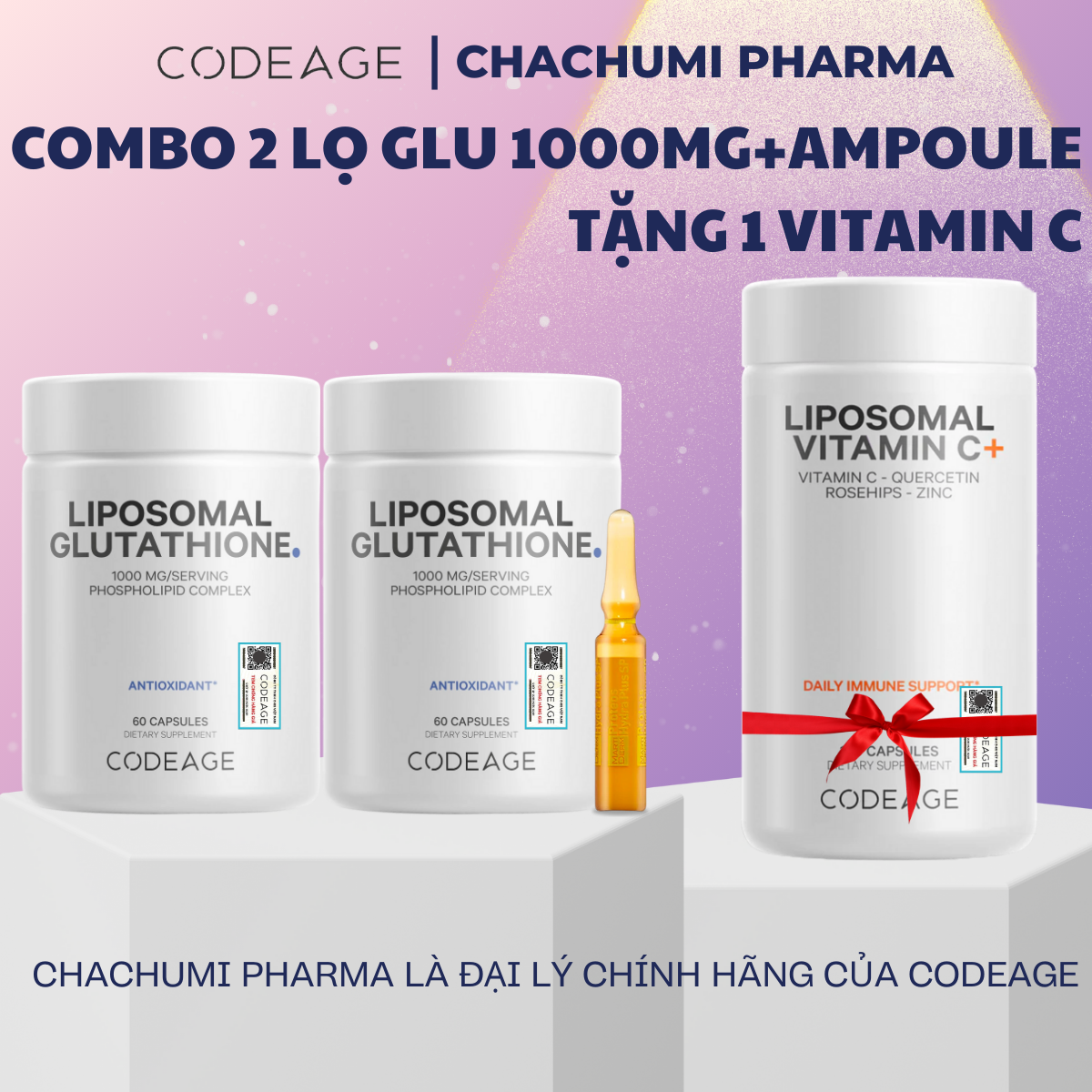 [2 GLU1000, mtd TẶNG 1 GLU1000] Viên Uống Glutathione 1000mg Codeage Trắng Da, Giảm Nám Tàn Nhang