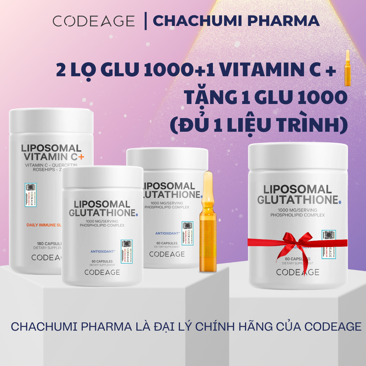 [2 GLU1000, mtd TẶNG 1 GLU1000] Viên Uống Glutathione 1000mg Codeage Trắng Da, Giảm Nám Tàn Nhang