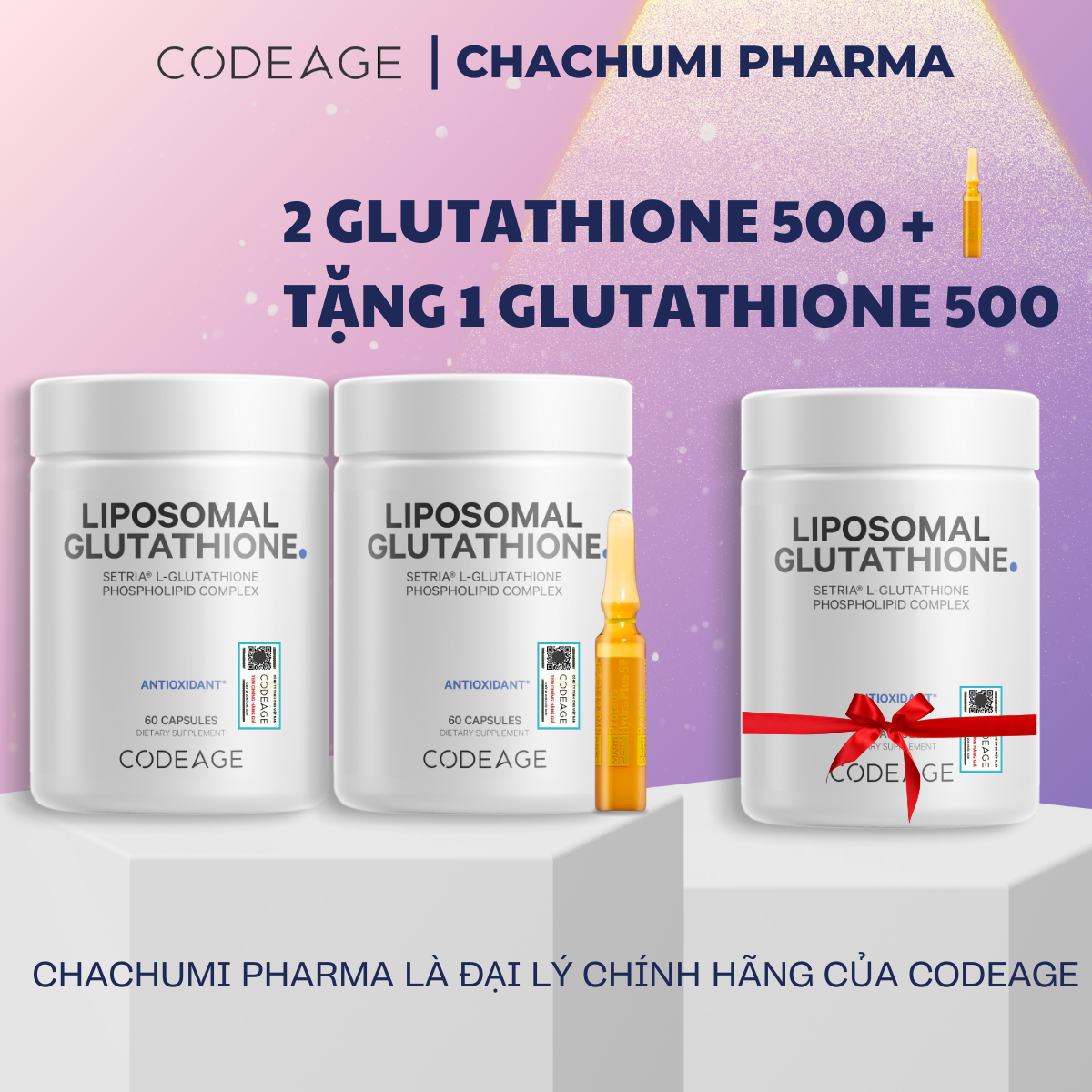 [2 GLU500, mtd TẶNG 1 GLU500] Viên Uống Glutathione 500mg SETRIA Codeage Trắng Sáng Da, Chống Oxy Hóa