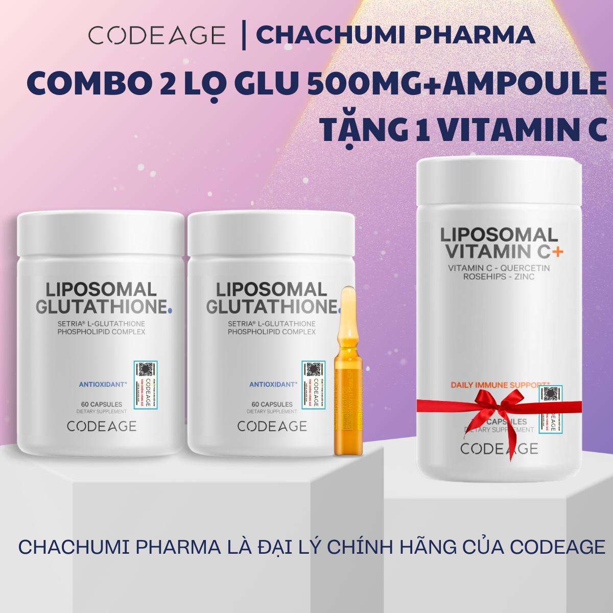 [2 GLU500, mtd TẶNG 1 GLU500] Viên Uống Glutathione 500mg SETRIA Codeage Trắng Sáng Da, Chống Oxy Hóa