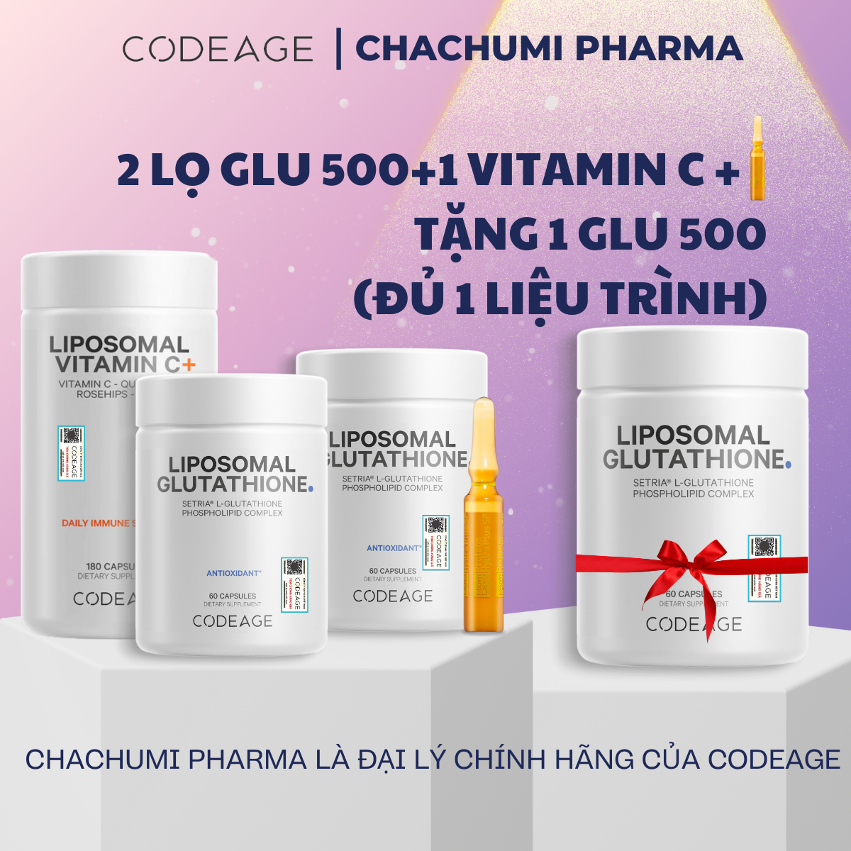 [2 GLU500, mtd TẶNG 1 GLU500] Viên Uống Glutathione 500mg SETRIA Codeage Trắng Sáng Da, Chống Oxy Hóa