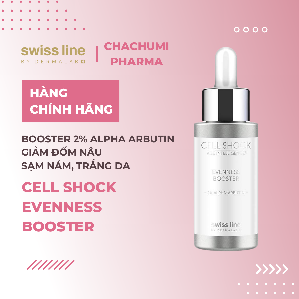 Swissline Cell Shock Age Intelligence Evenness Booster Booster 2% Alpha-Arbutin - Trắng sáng làm đều màu da, đặc trị đốm nâu sắc tố và sạm nám