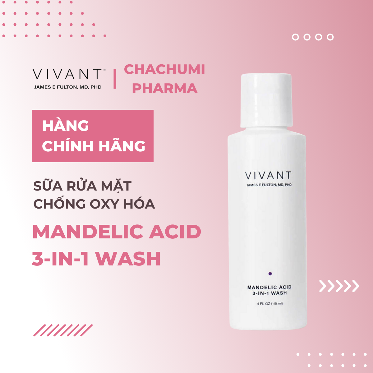 Vivant Mandelic Acid 3-in-1 Wash 118ml - Gel rửa mặt dịu nhẹ