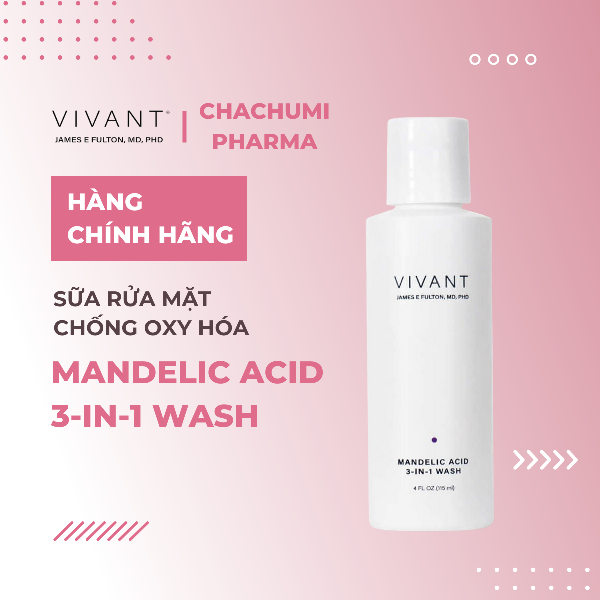 Vivant Mandelic Acid 3-in-1 Wash 118.3ml - Gel rửa mặt dịu nhẹ