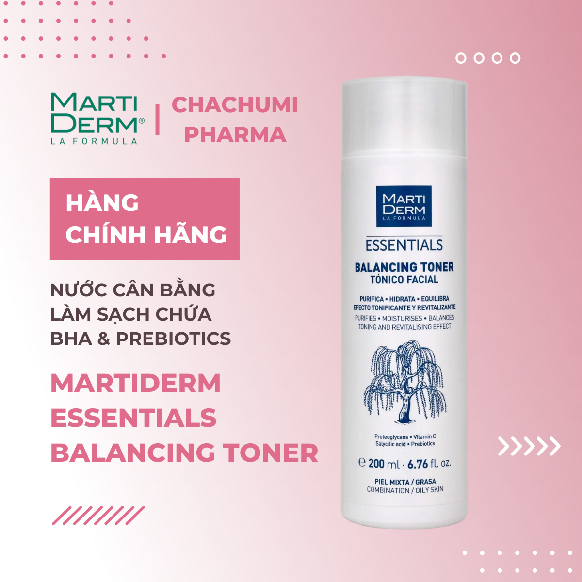 MartiDerm Essentials Balancing Toner - Nước Cân Bằng Làm Sạch Chứa BHA & Prebiotics 200ml