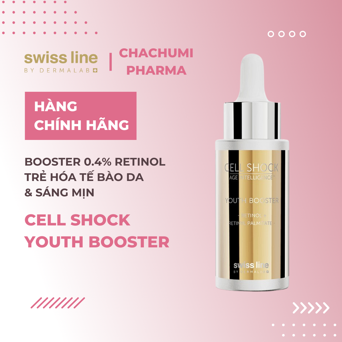 Swissline Cell Shock Age Intelligence Youth Booster Booster 0,4% Retinol - Trẻ hóa tâng sâu, làm cạn nếp nhăn, sáng mịn, thúc đẩy tăng sinh tế bào da mới.
