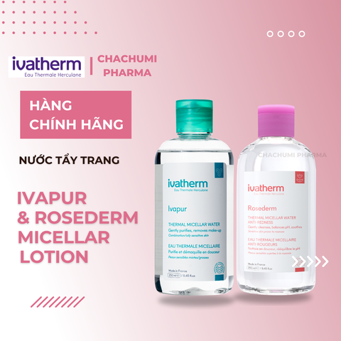 Ivatherm Ivapur Micellar Water , Rosederm  Anti Redness Micellar Lotion Tẩy Trang Giàu Khoáng Chất Cho Da Dầu Mụn, Da Hỗn Hợp, Nhạy Cảm 250ml