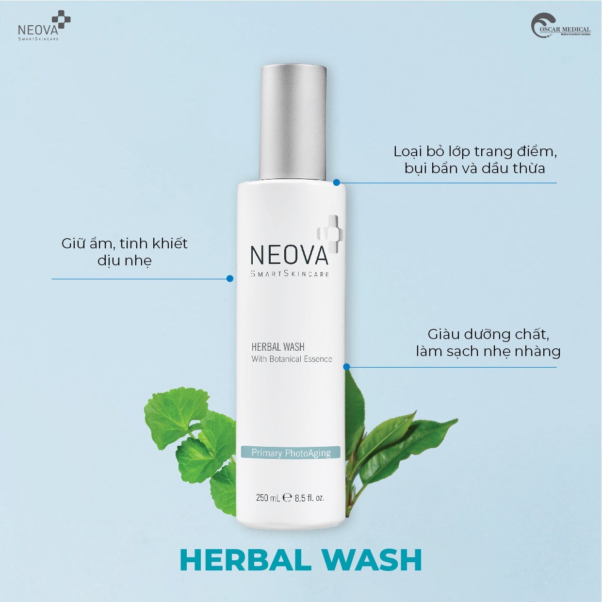 Neova Herbal Wash - Sữa rửa mặt dạng gel không chứa xà phòng cân bằng độ ẩm tự nhiên cho da nhạy cảm