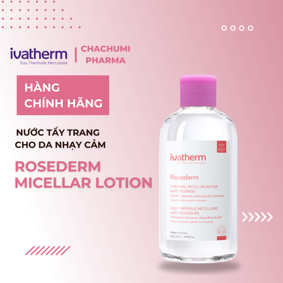 Ivatherm Ivapur Micellar Water , Rosederm  Anti Redness Micellar Lotion Tẩy Trang Giàu Khoáng Chất Cho Da Dầu Mụn, Da Hỗn Hợp, Nhạy Cảm 250ml