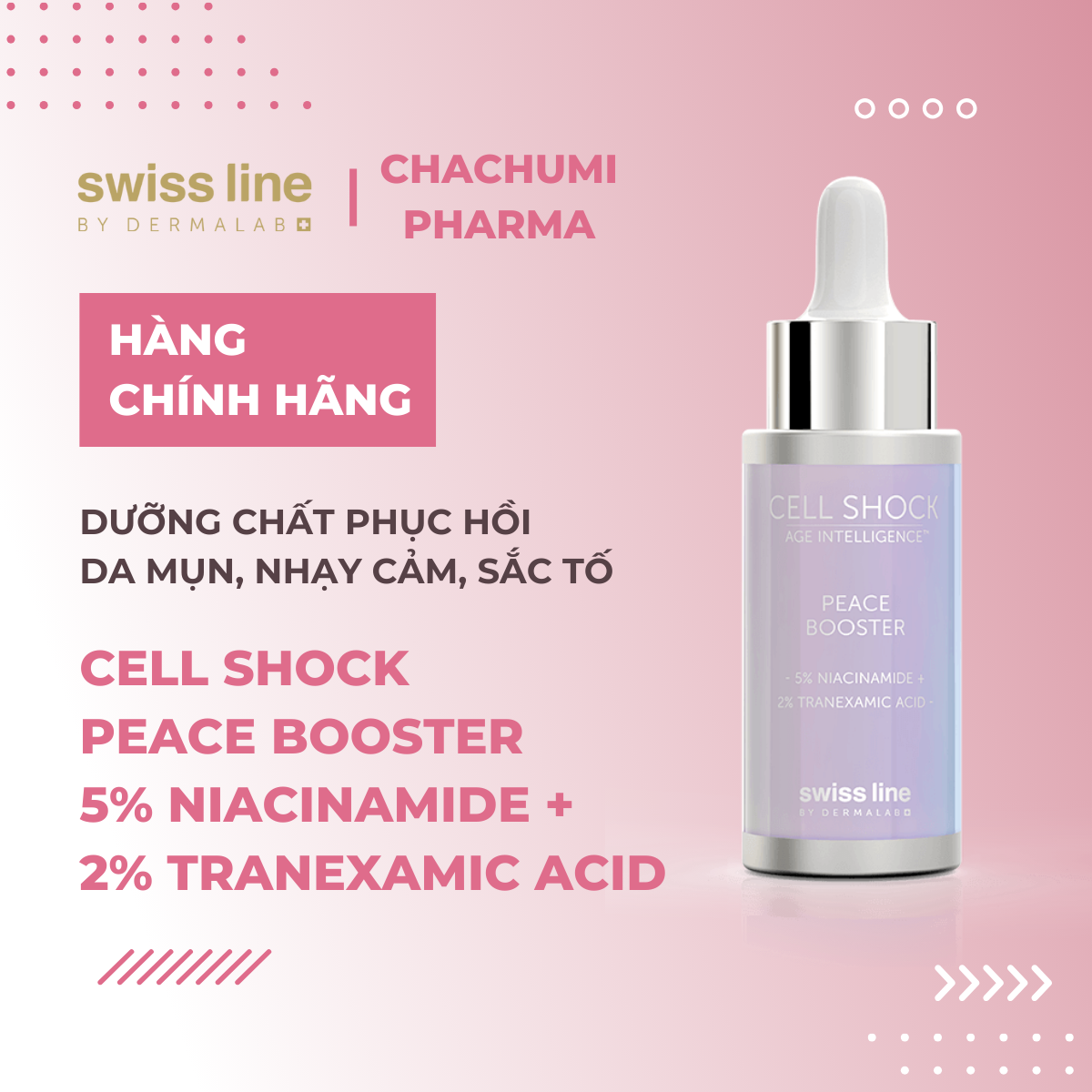 Swissline Cell Shock Age Intelligence Peace Booster 5% Niacinamide + 2% Tranexamic acid Booster - Êm dịu da, đặc trị nám, tăng sinh sắc tố sau viêm, chống đỏ da dị ứng, mụn trứng cá đỏ, giảm kích ứng nhạy cảm