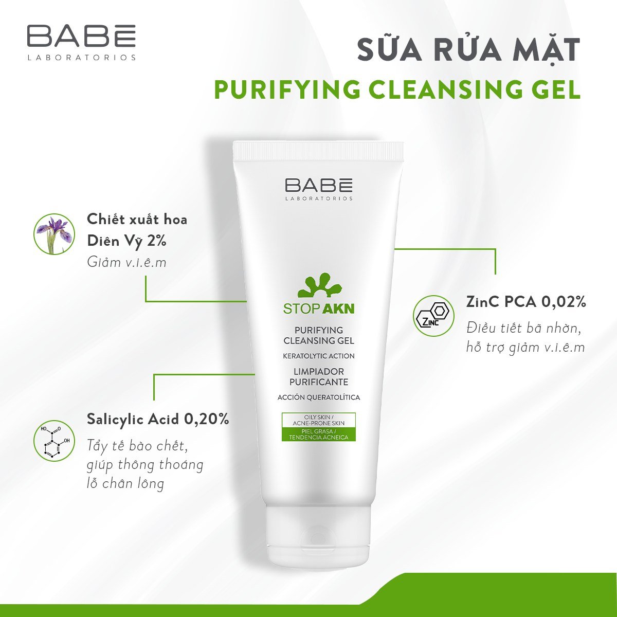 Sữa Rửa Mặt BABE Stop AKN Purifying Cleansing Gel Cho Da Dầu Mụn