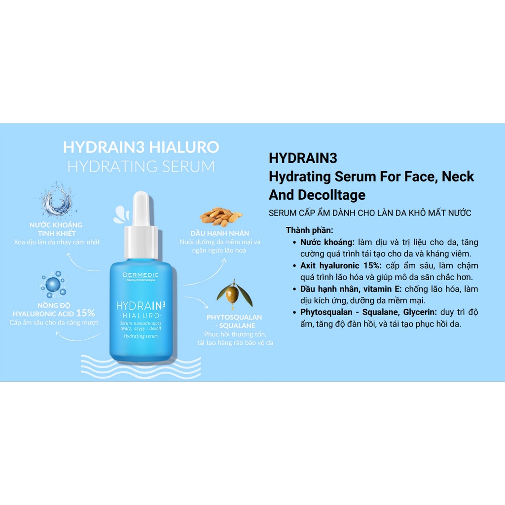 Dermedic Hydrain3 Hialuro Hydrating Serum For Face Neck And Decolltage - Serum Cấp Ẩm Chuyên Sâu Dành Cho Làn Da  Mất Nước 30ml