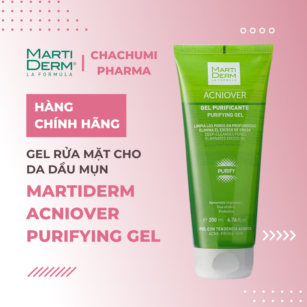 MartiDerm Acniover Purifying Gel - Gel rửa mặt cho da dầu mụn (200ml)