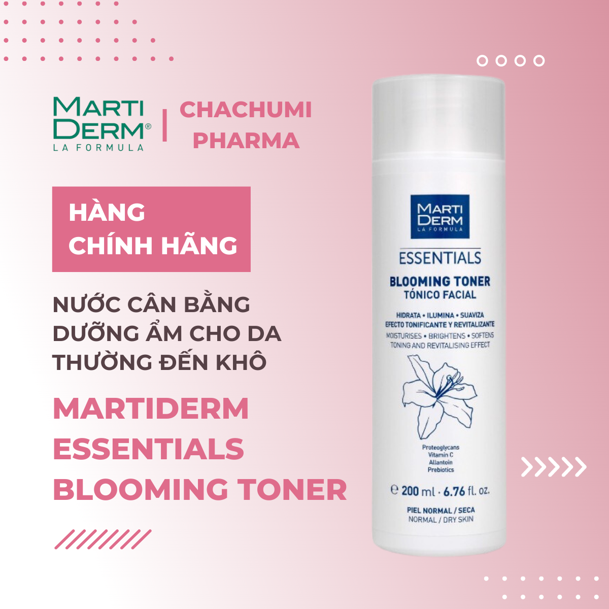MartiDerm Essentials Blooming Toner - Nước Cân Bằng Dưỡng Ẩm Cho Da Thường Đến Khô 200ml