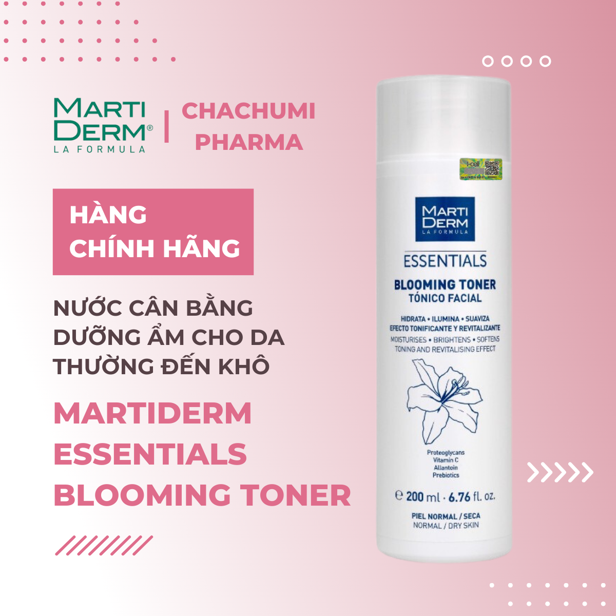 MartiDerm Essentials Blooming Toner - Nước Cân Bằng Dưỡng Ẩm Cho Da Thường Đến Khô 200ml