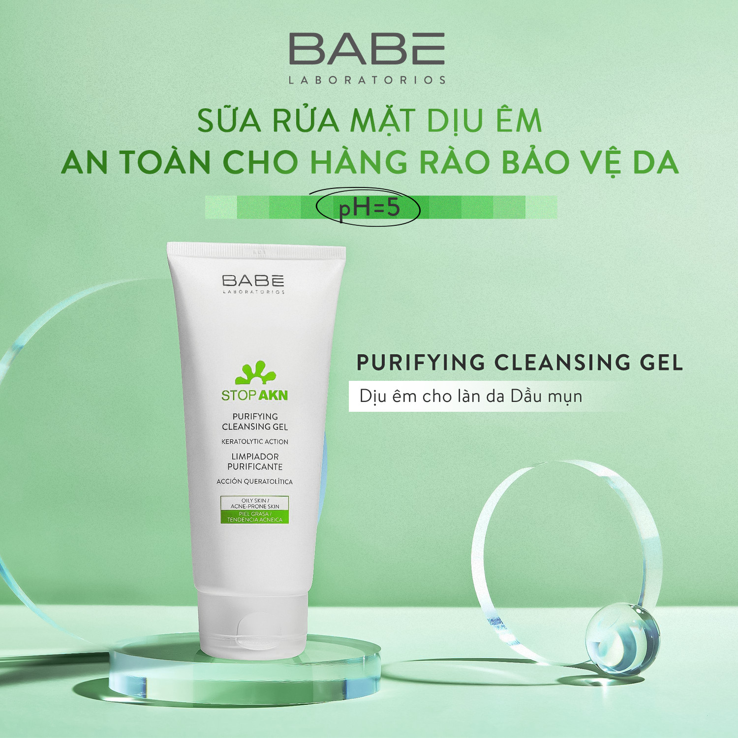 Sữa Rửa Mặt BABE Stop AKN Purifying Cleansing Gel Cho Da Dầu Mụn
