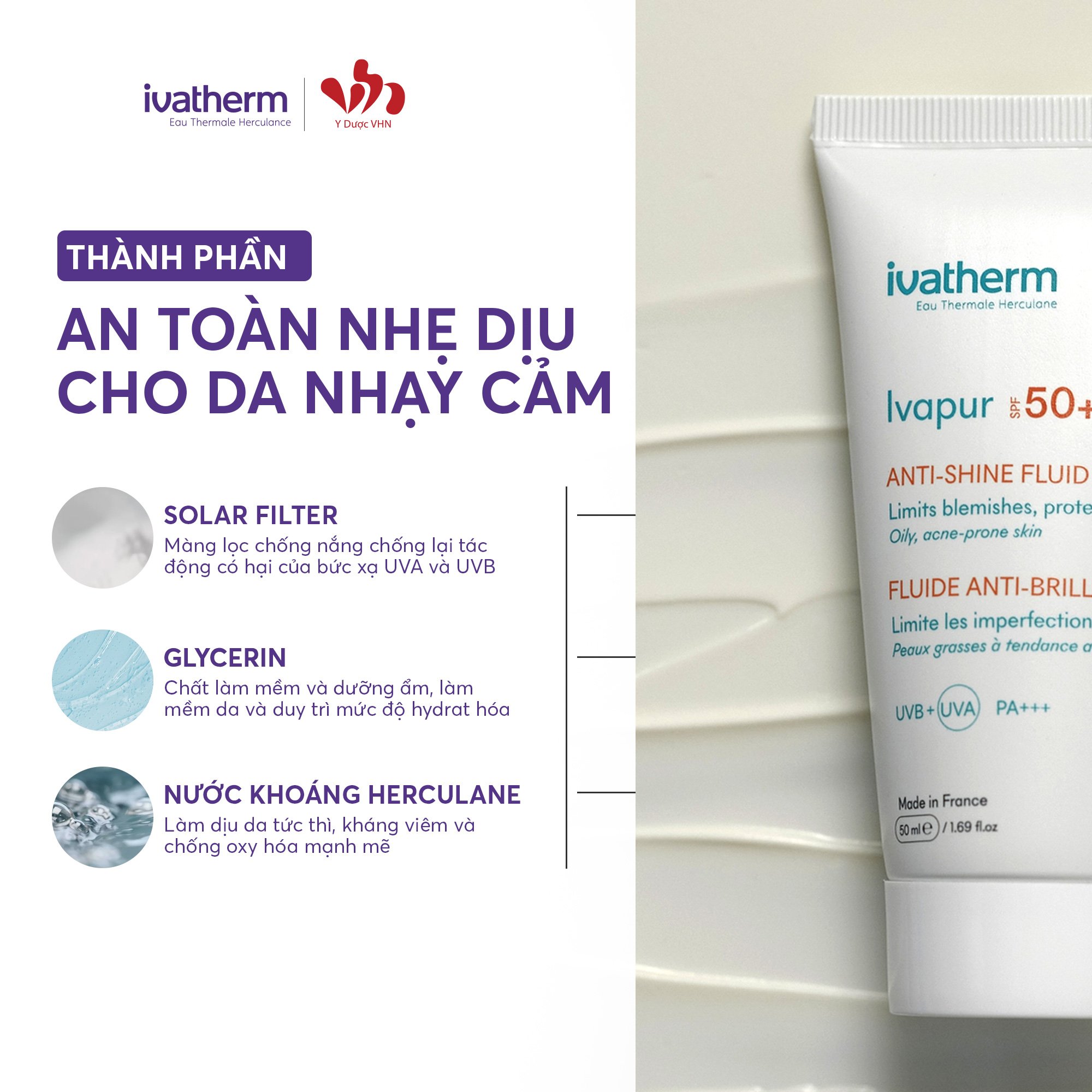 Ivatherm IVAPUR Anti-Shine Fluid - Kem chống nắng kiềm dầu SPF50+ 50ml