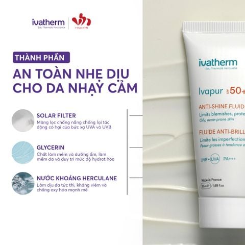 Ivatherm IVAPUR Anti-Shine Fluid - Kem chống nắng kiềm dầu SPF50+ 50ml