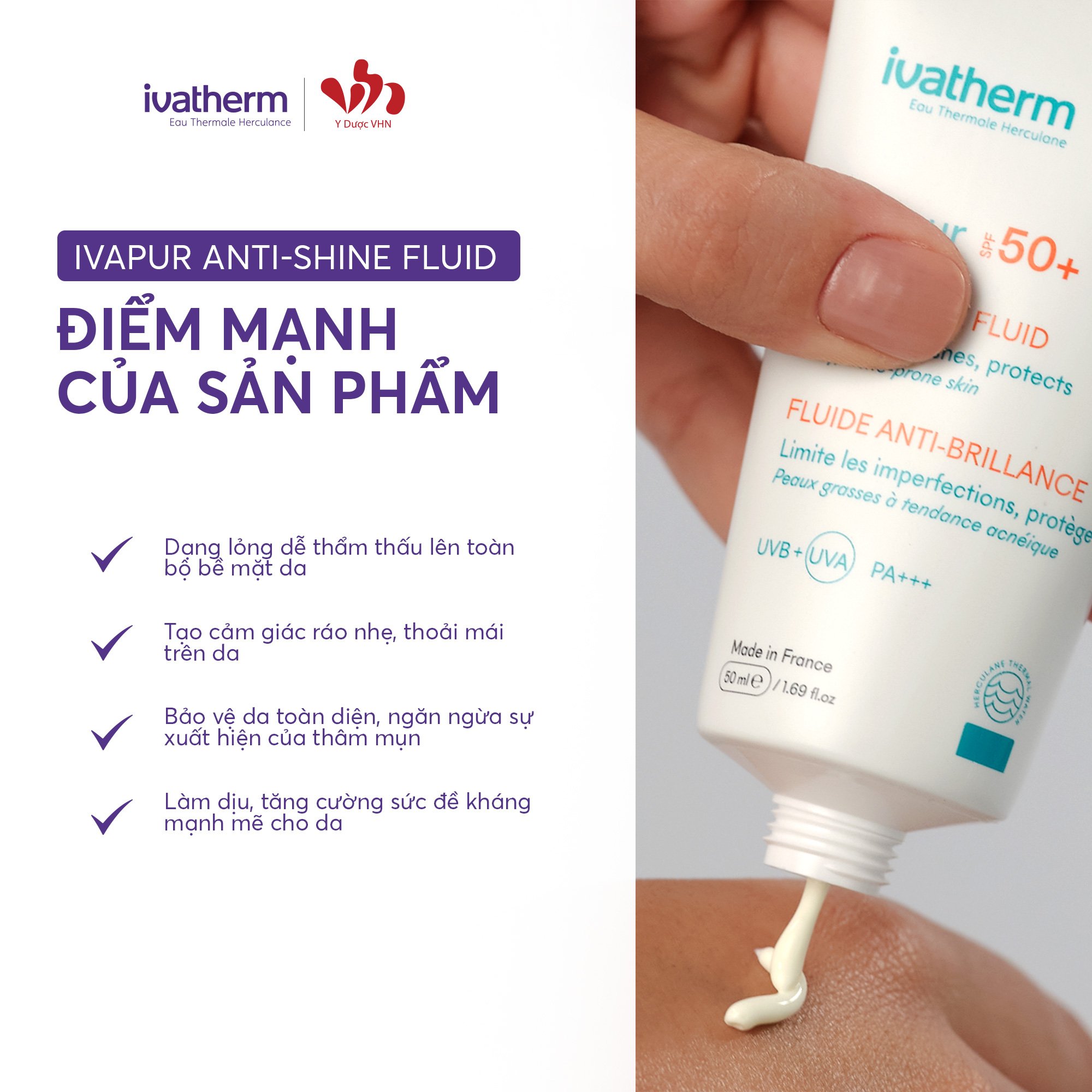 Ivatherm IVAPUR Anti-Shine Fluid - Kem chống nắng kiềm dầu SPF50+ 50ml