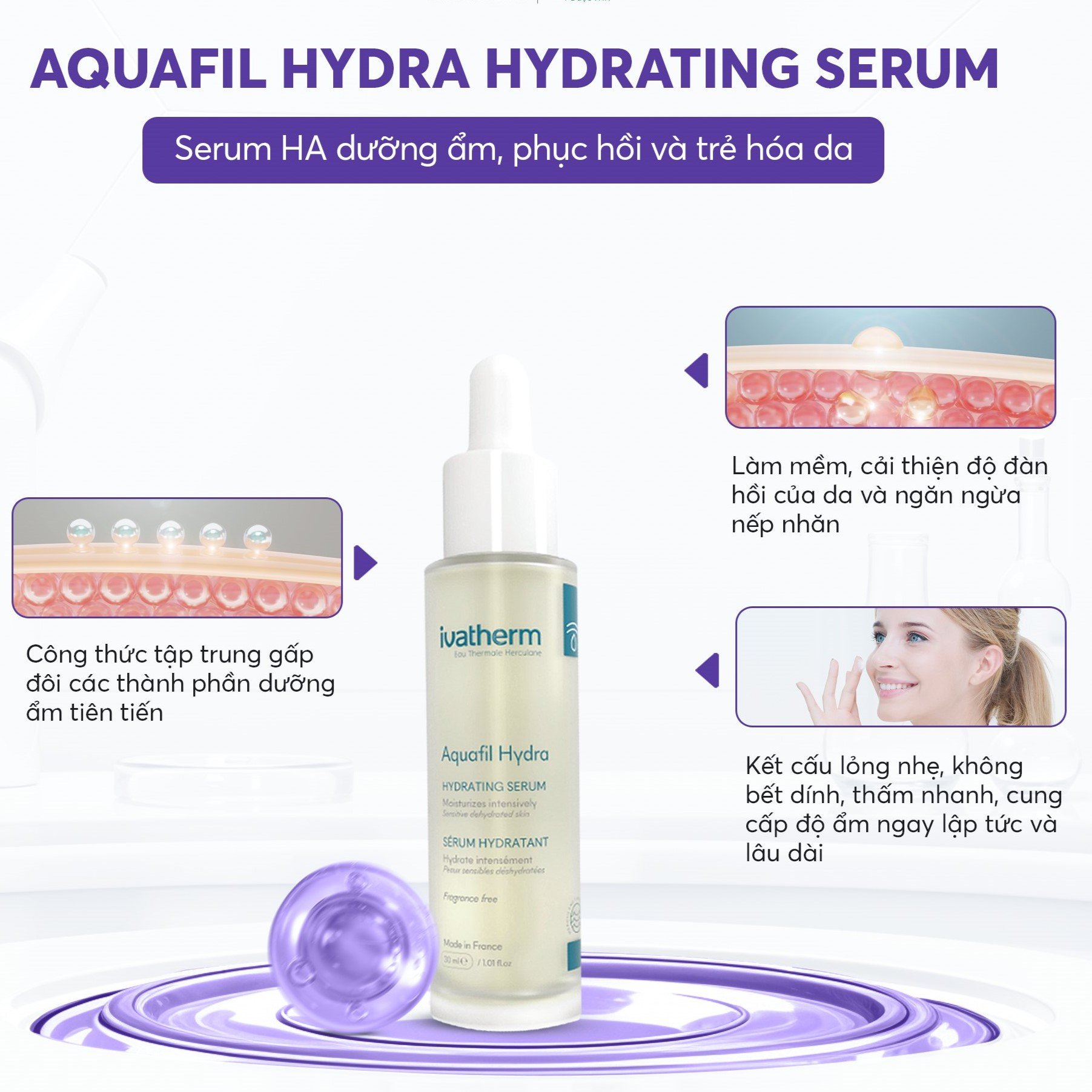 Ivatherm Aquafil Hydra Hydrating Serum - Tinh chất dưỡng ẩm phục hồi và trẻ hoá  30ml