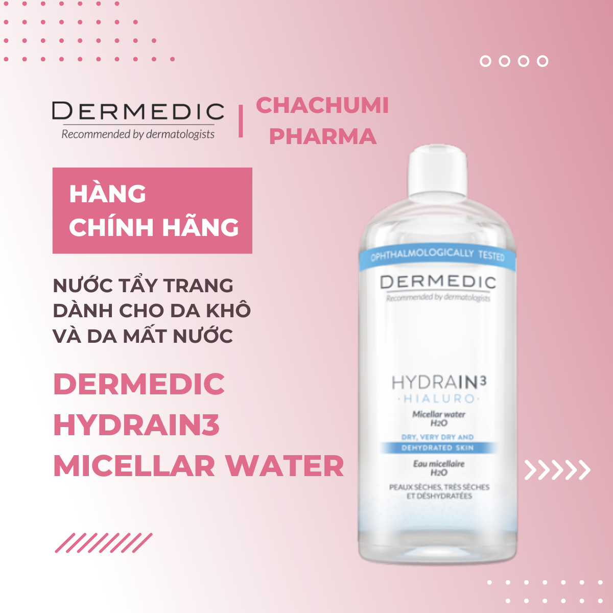 Dermedic HYDRAIN3 HIALURO Micellar Water H2O - Tẩy Trang Cho Da Mất Nước 500ml