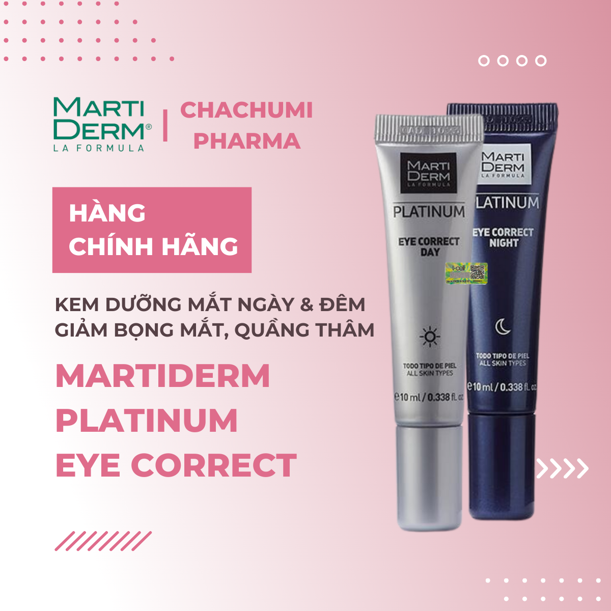 MartiDerm Platinum Eye Correct - Kem dưỡng mắt ngày & đêm giảm bọng mắt, quầng thâm (2 x 10ml)