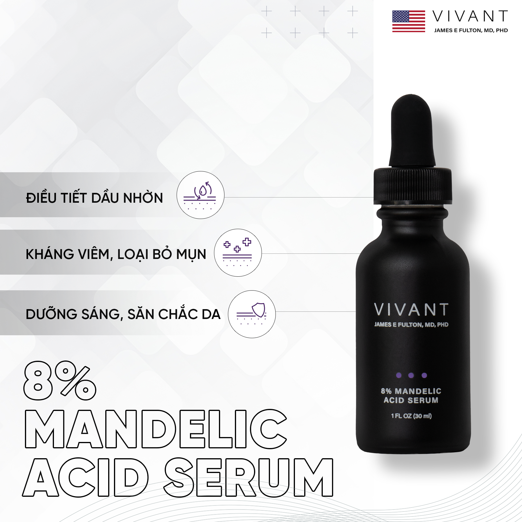 Vivant Skincare 8% Mandelic Acid 3-In-1 Serum 30ml - Serum giảm mụn, lão hóa, sắc tố không đều
