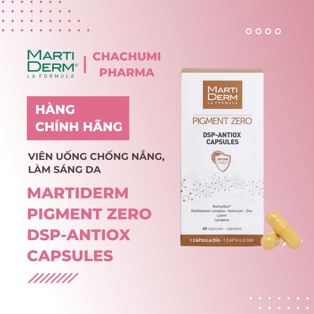 MartiDerm Pigment Zero DSP Antiox Capsules - Viên Uống Chống Nắng, Làm Sáng Da (60 Viên)