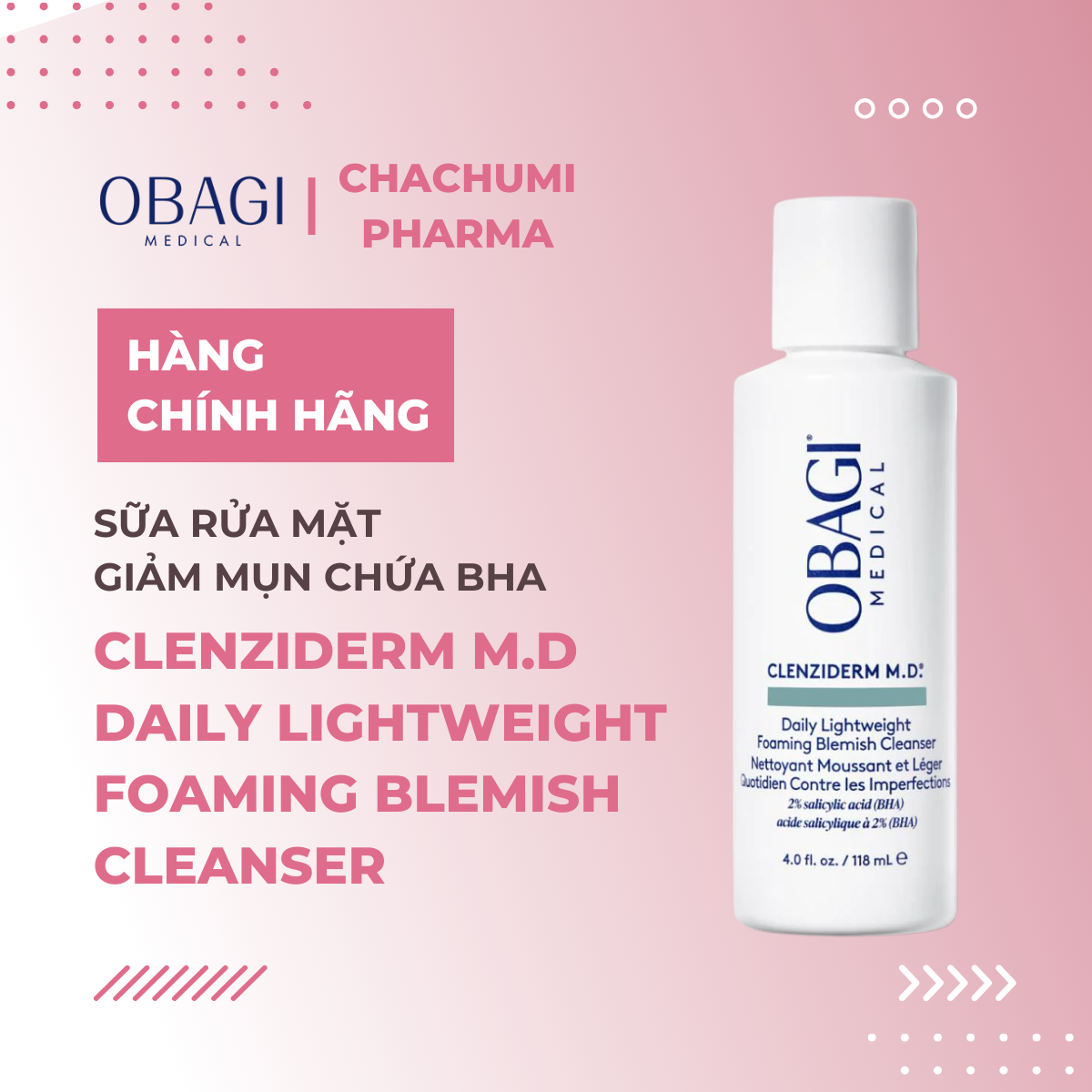 Obagi Clenziderm M.D. Foaming Blemish - Sữa Rửa Mặt Giảm Mụn Chứa BHA 118ml