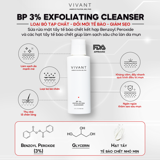 Vivant BP 3% Exfoliating Cleanser 118.3ml - Sữa rửa mặt tẩy tế bào chết