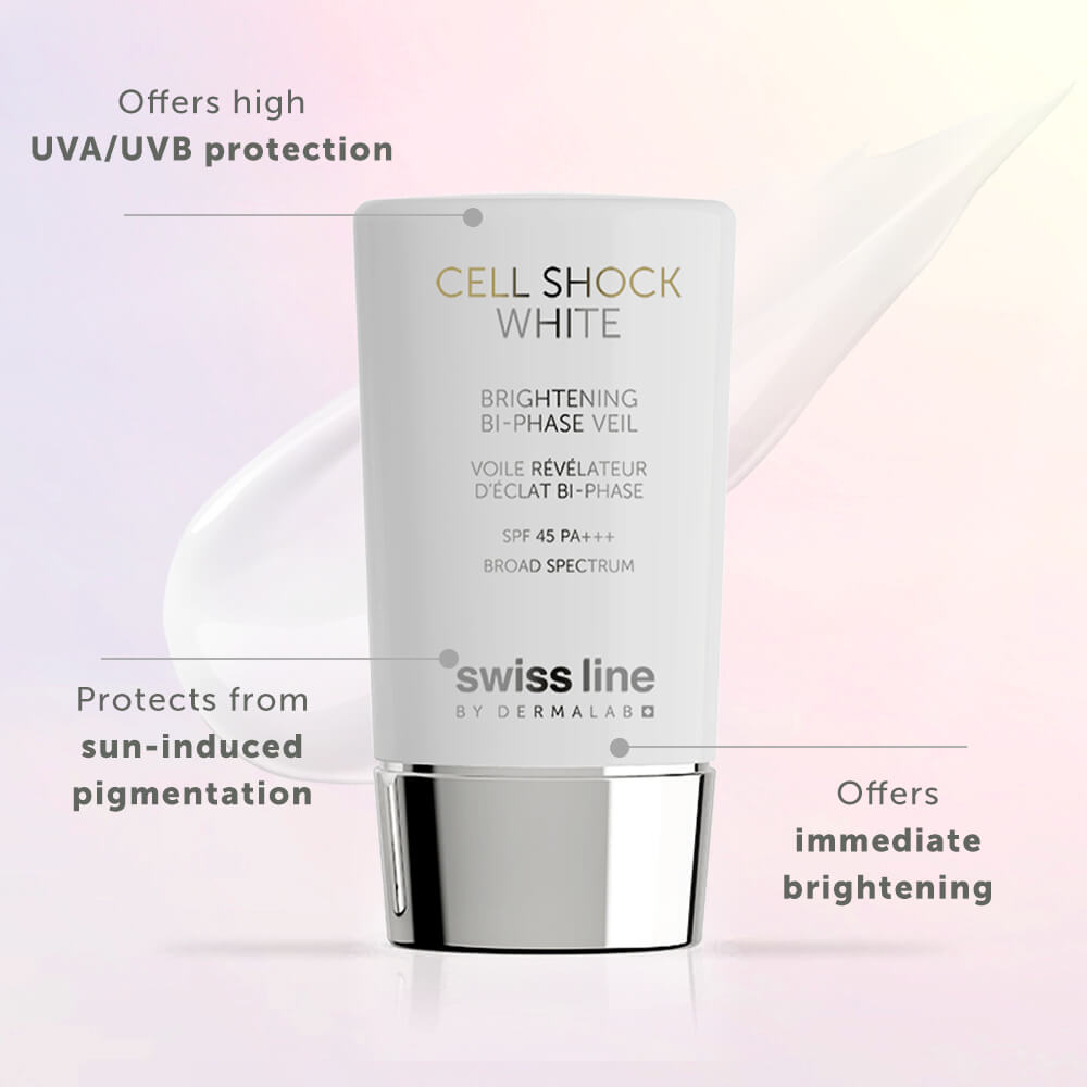 Swissline Cell Shock White Brightening Bi-Phase Veil SPF PA 45+++ - Nhũ tương chống nắng trắng da, phiên bản màng lọc khoáng chất chống ô nhiễm và kháng tia, hiệu chỉnh màu sắc thông minh, chỉ số SPF 45 PA+++