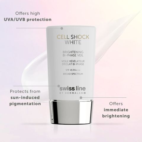 Swissline Cell Shock White Brightening Bi-Phase Veil SPF PA 45+++ - Nhũ tương chống nắng trắng da, phiên bản màng lọc khoáng chất chống ô nhiễm và kháng tia, hiệu chỉnh màu sắc thông minh, chỉ số SPF 45 PA+++