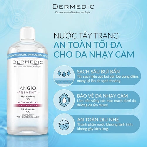 Dermedic ANGIO micellar water - Nước rửa mặt, tẩy trang dành cho da giãn mạch máu 500ml