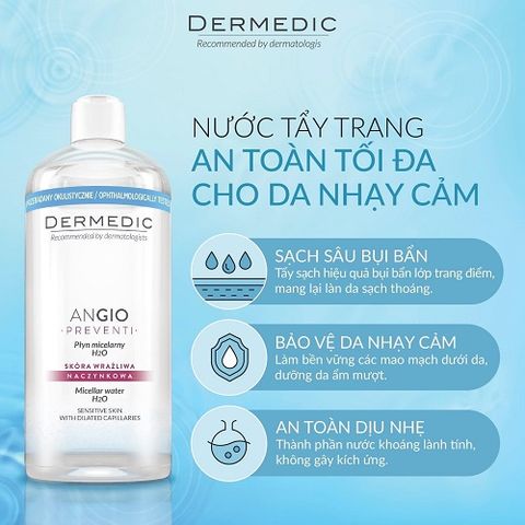 Dermedic ANGIO micellar water - Nước rửa mặt, tẩy trang dành cho da giãn mạch máu 500ml