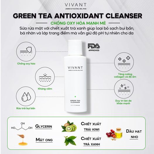 Vivant Skincare Green Tea Antioxidant Cleanser 118ml - Sữa rửa mặt chống oxy hóa mạnh mẽ