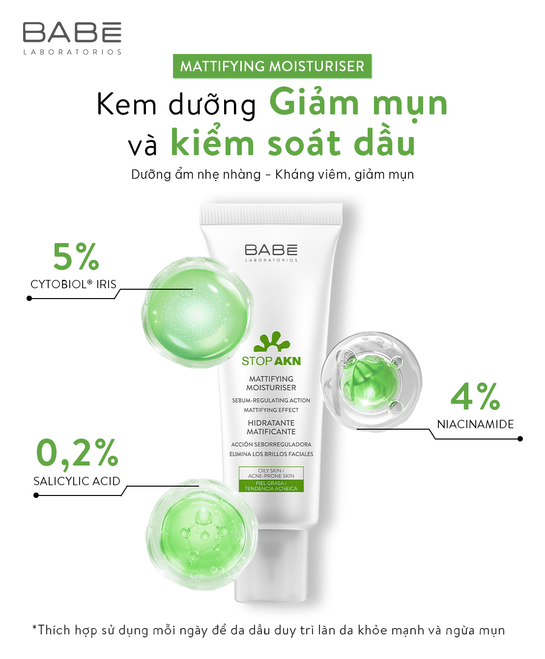 Kem Dưỡng BABE Stop AKN Mattifying & Repairing Moisturiser Cho Da Dầu Mụn 50ml