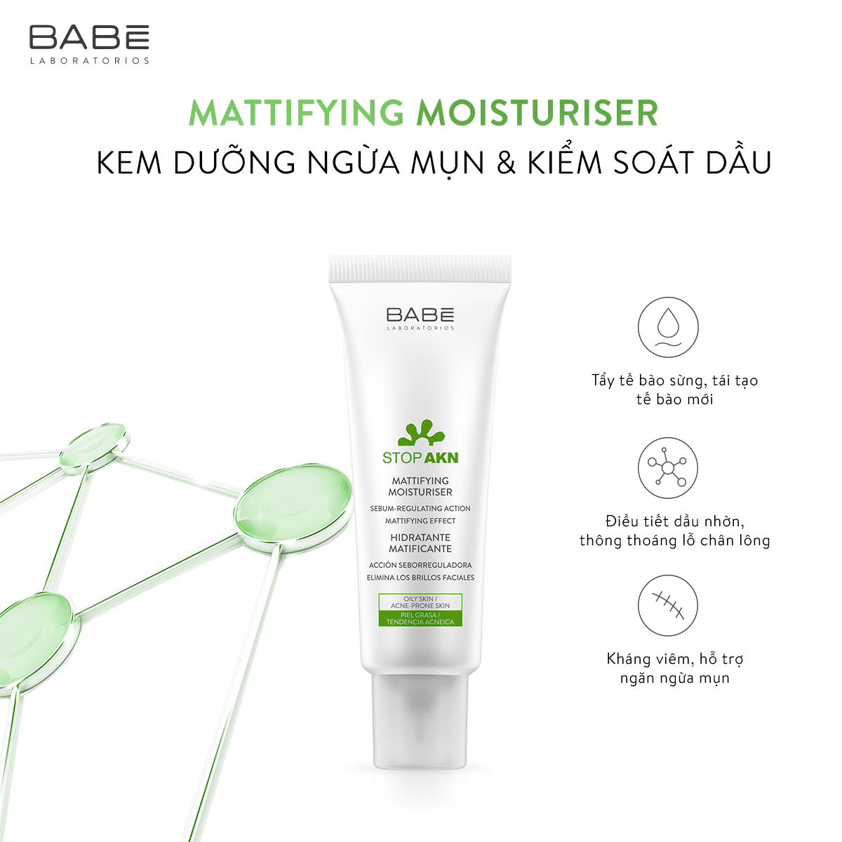 Kem Dưỡng BABE Stop AKN Mattifying & Repairing Moisturiser Cho Da Dầu Mụn 50ml