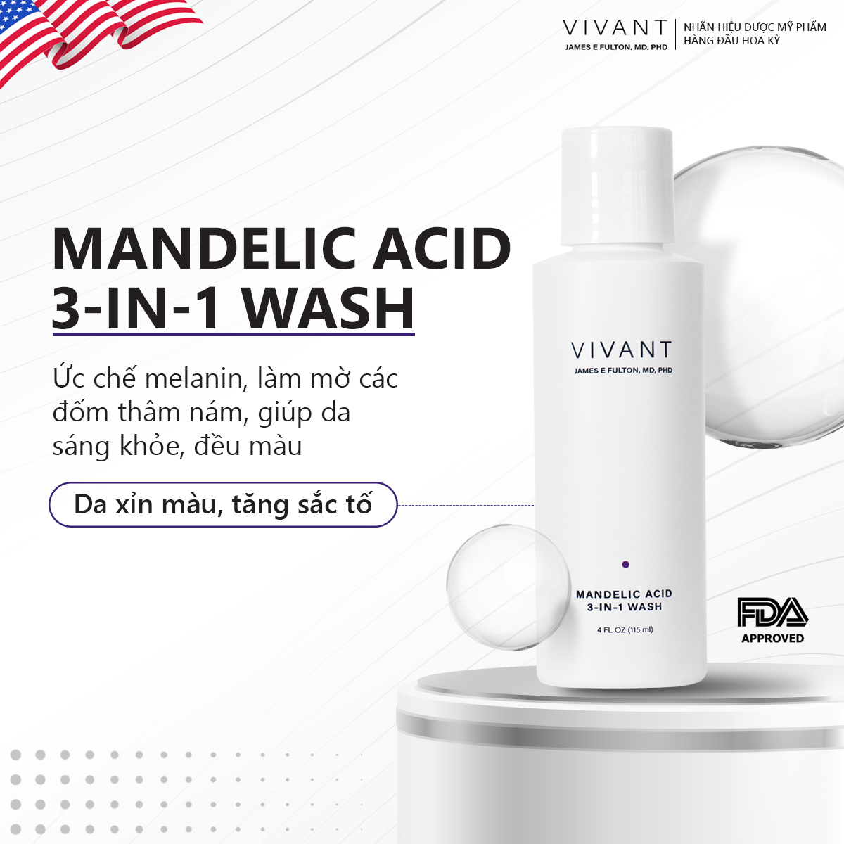Vivant Mandelic Acid 3-in-1 Wash 118ml - Gel rửa mặt dịu nhẹ