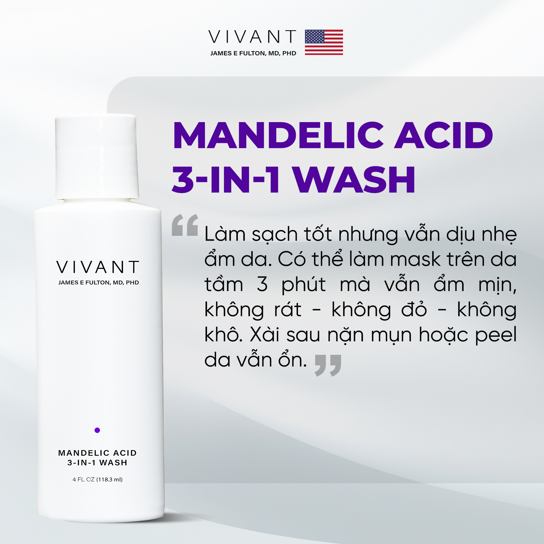Vivant Mandelic Acid 3-in-1 Wash 118ml - Gel rửa mặt dịu nhẹ