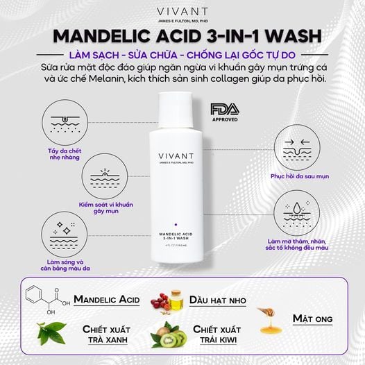 Vivant Mandelic Acid 3-in-1 Wash 118.3ml - Gel rửa mặt dịu nhẹ