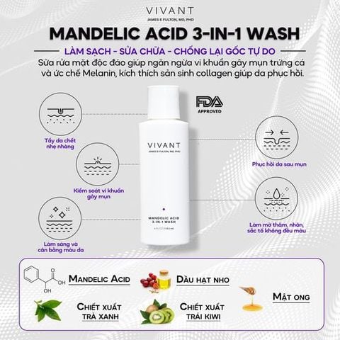 Vivant Mandelic Acid 3-in-1 Wash 118ml - Gel rửa mặt dịu nhẹ