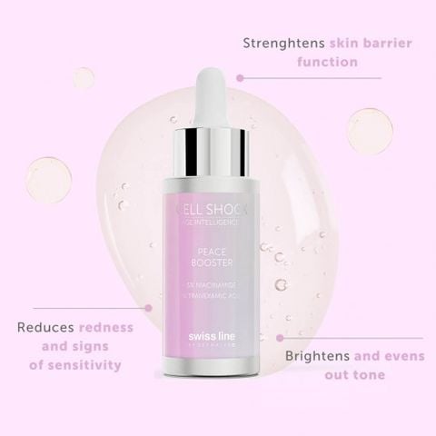 Swissline Cell Shock Age Intelligence Peace Booster 5% Niacinamide + 2% Tranexamic acid Booster - Êm dịu da, đặc trị nám, tăng sinh sắc tố sau viêm, chống đỏ da dị ứng, mụn trứng cá đỏ, giảm kích ứng nhạy cảm