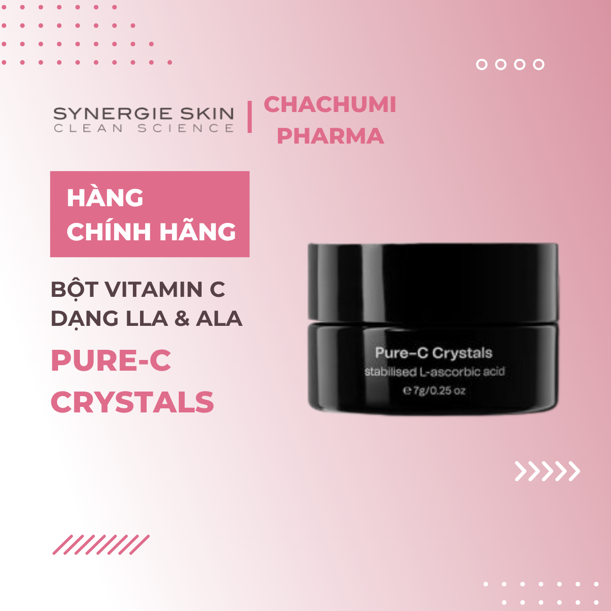 Synergie Skin Pure-C Crystals – Bột vitamin C nguyên chất L-AA & ALA 7g