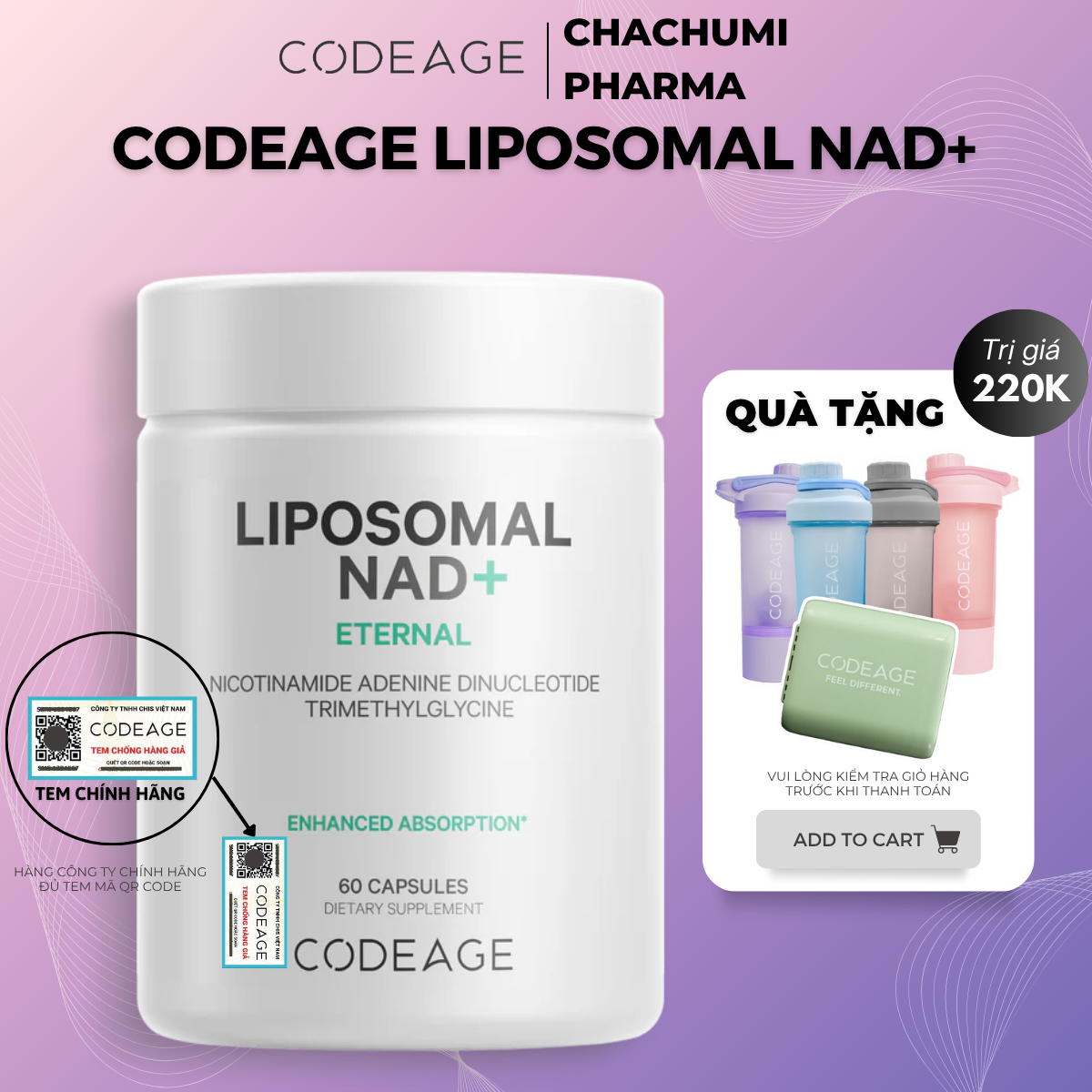 [2 NAD, mtd TẶNG 1 NAD] Codeage Liposomal NAD+ Trẻ Hóa, Tăng Cường Sức Khỏe, Kéo Dài Tuổi Thọ 60v