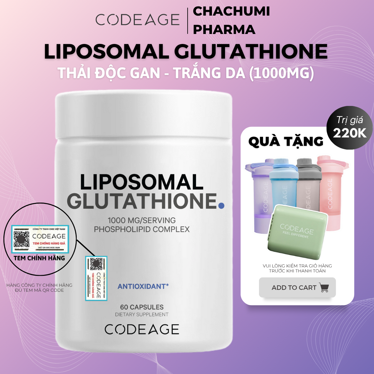 [2 GLU1000, mtd TẶNG 1 GLU1000] Viên Uống Glutathione 1000mg Codeage Trắng Da, Giảm Nám Tàn Nhang