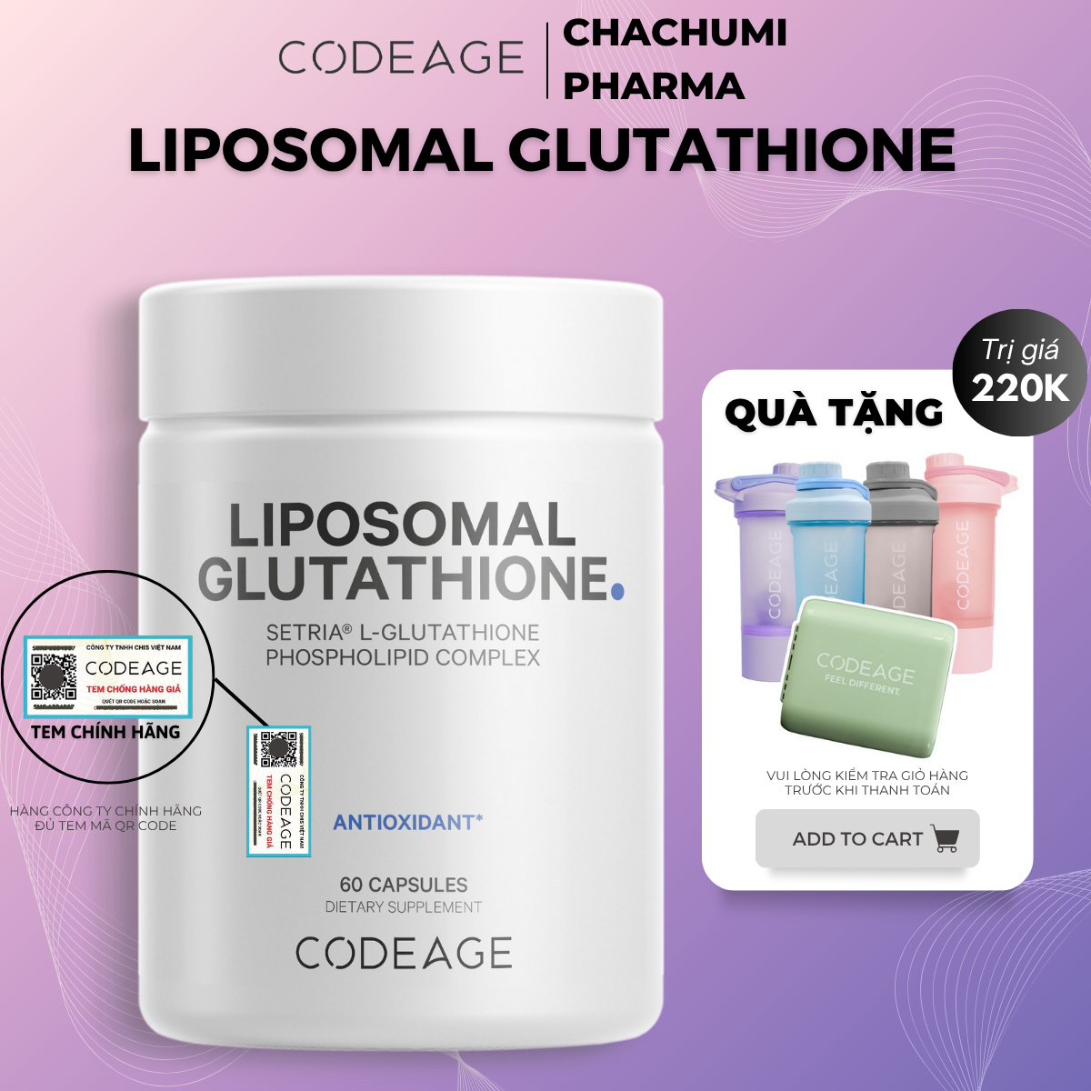 [2 GLU500, mtd TẶNG 1 GLU500] Viên Uống Glutathione 500mg SETRIA Codeage Trắng Sáng Da, Chống Oxy Hóa